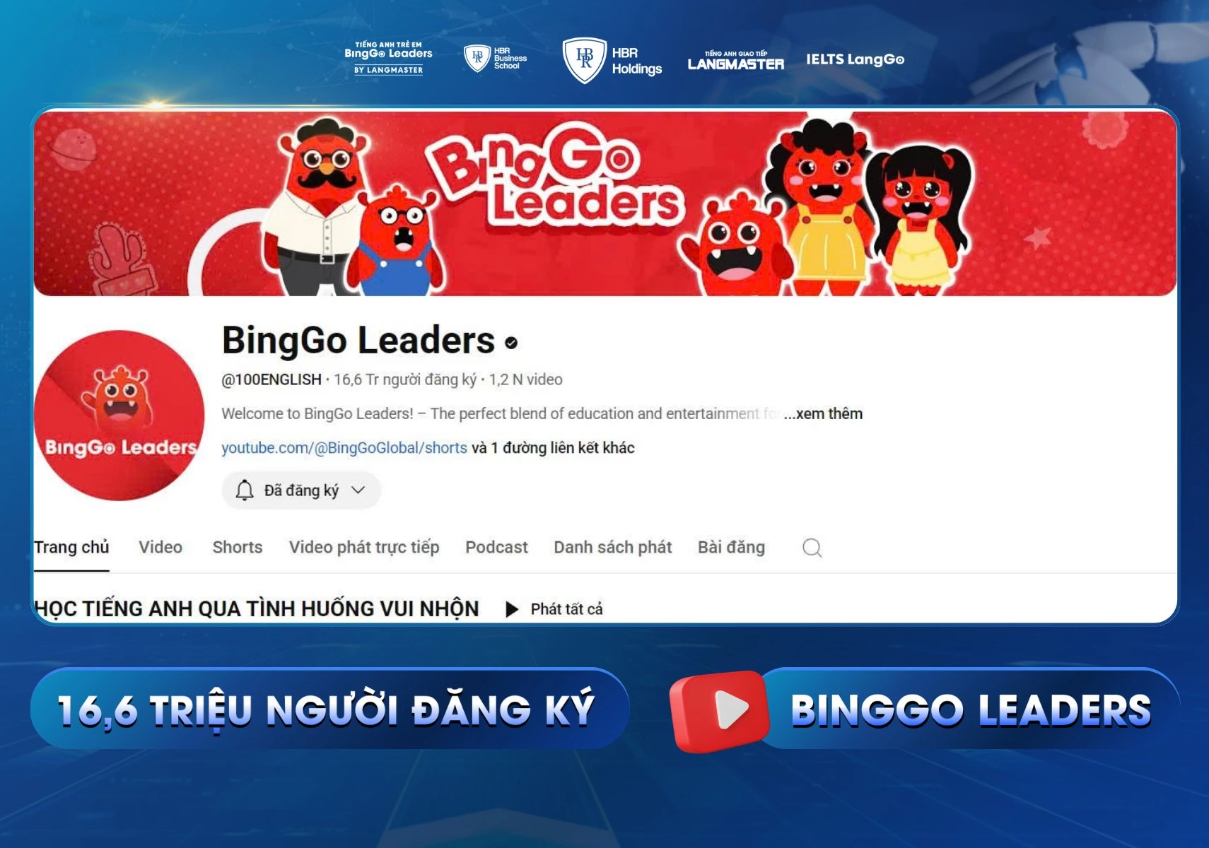 Kênh youtube của BingGo Leaders đạt nút kim cương